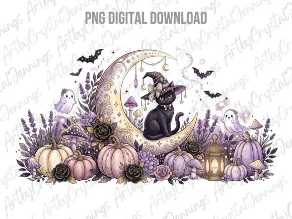 Download Purple Witch Cat Moon Halloween PNG - Moon Collection